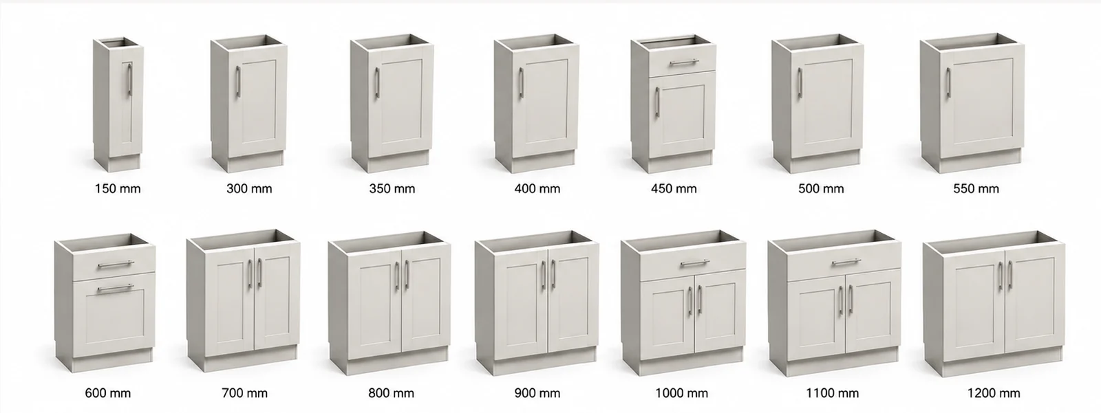 Qantu kitchen base cabinet standard widths from 150mm to 1200mm