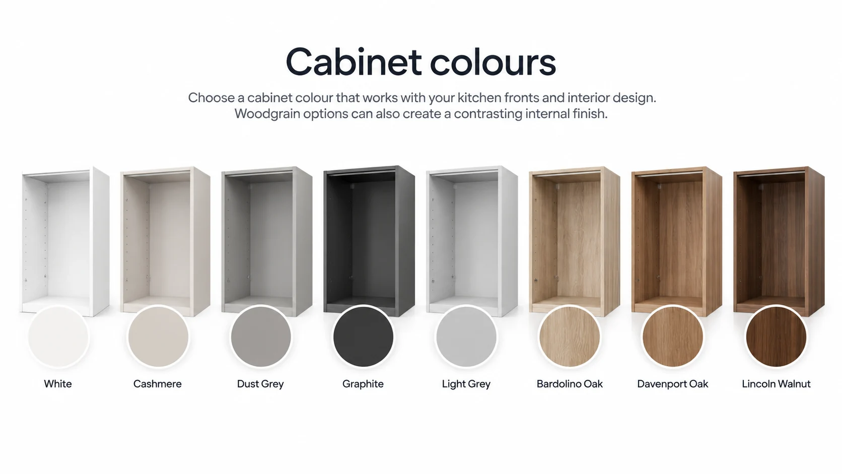 Qantu kitchen cabinet colours including White, Cashmere, Dust Grey, Graphite, Light Grey, Bardolino Oak, Davenport Oak and Lincoln Walnut