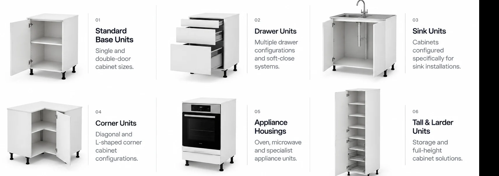 Qantu cabinet unit types including standard base units, drawer units, sink units, corner units, appliance housings and tall larder units