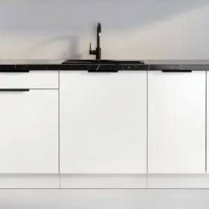 White modular budget kitchen base cabinet set with worktop sink and tap